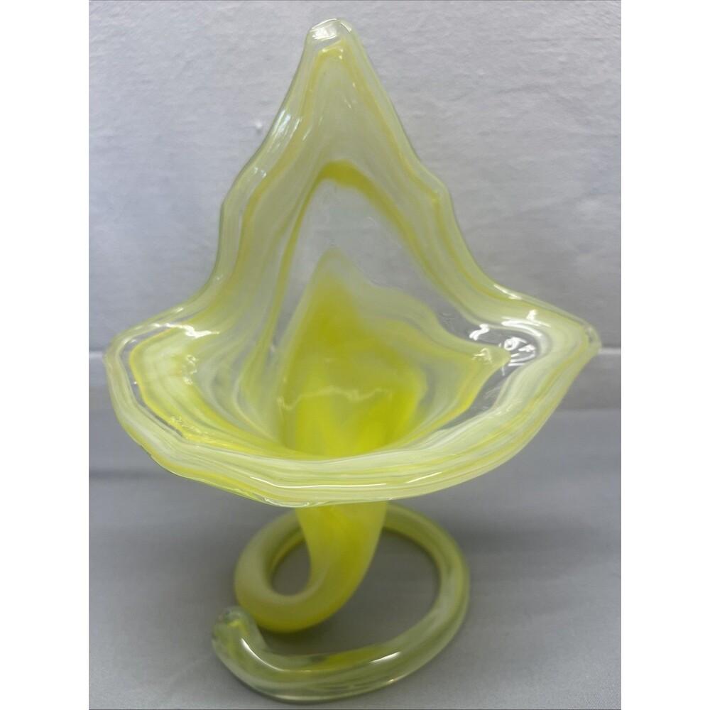 Vintage Swirl Hand Blown Art Glass Sculpture Vase Coil Base Bright Yellow Murano